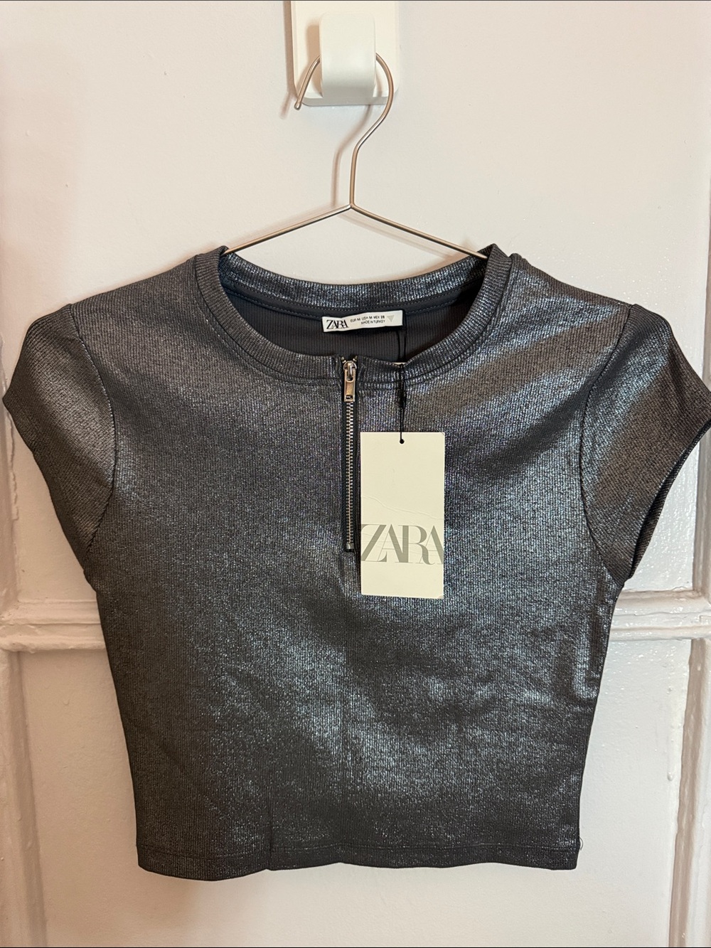 ZARA Metallic Charcoal Short-Sleeve Zip Crop Top